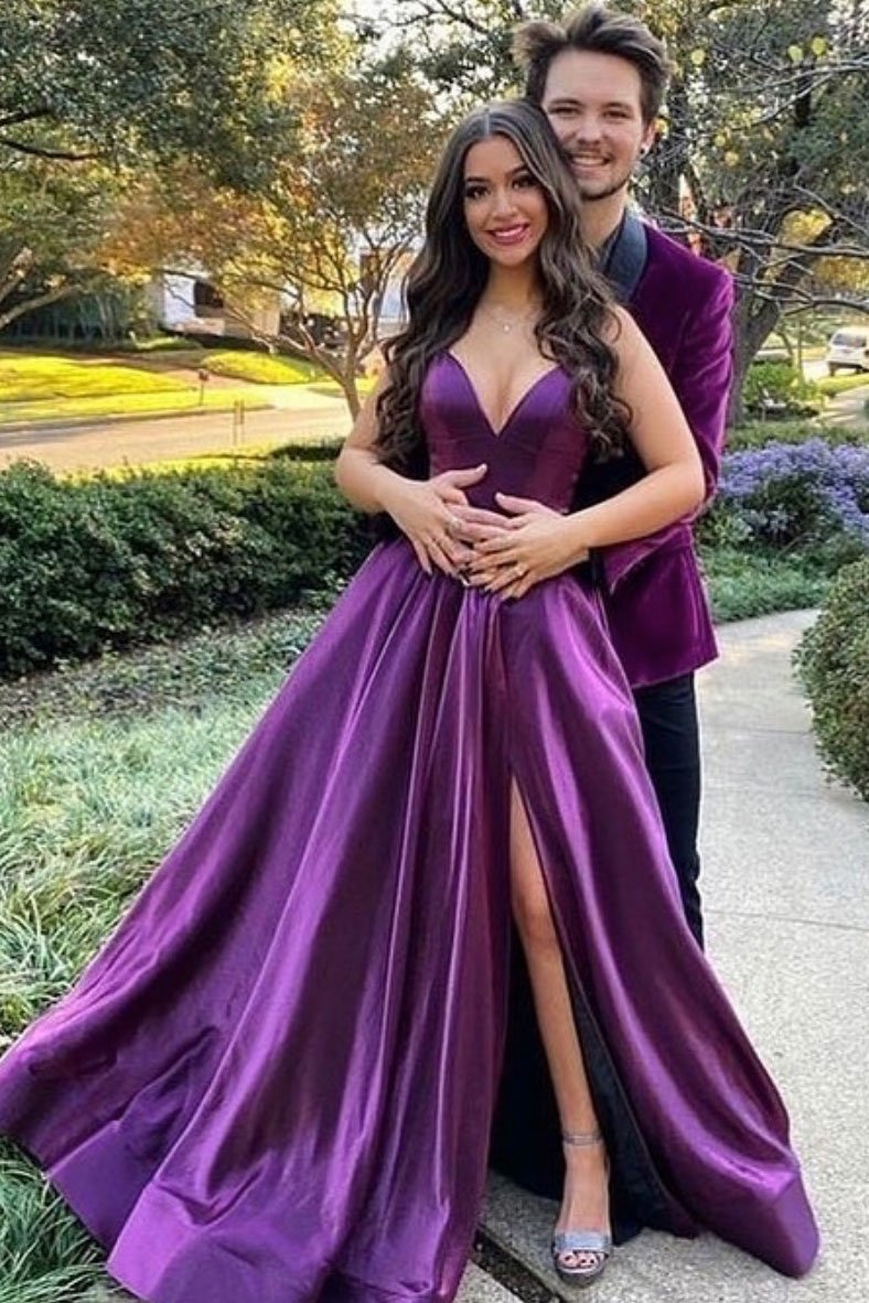 Simple purple v neck satin long prom dress purple formal dress,DS1994