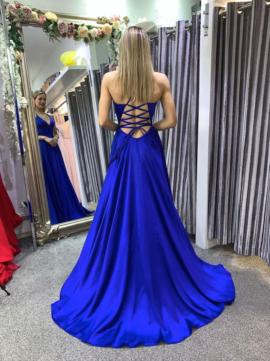 Royal blue satin long prom dress, backless long evening dress ,DS4009