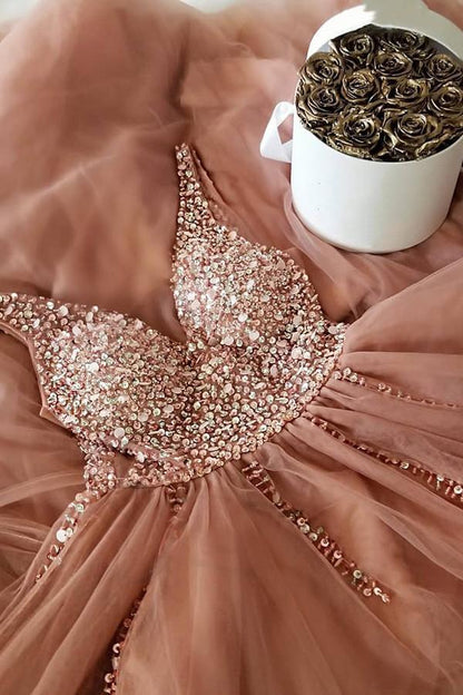 A Line V Neck Beaded Champagne Tulle Prom Dresses with Corset Back, Beaded Champagne Formal Evening Dress with Corset Back,DS1814