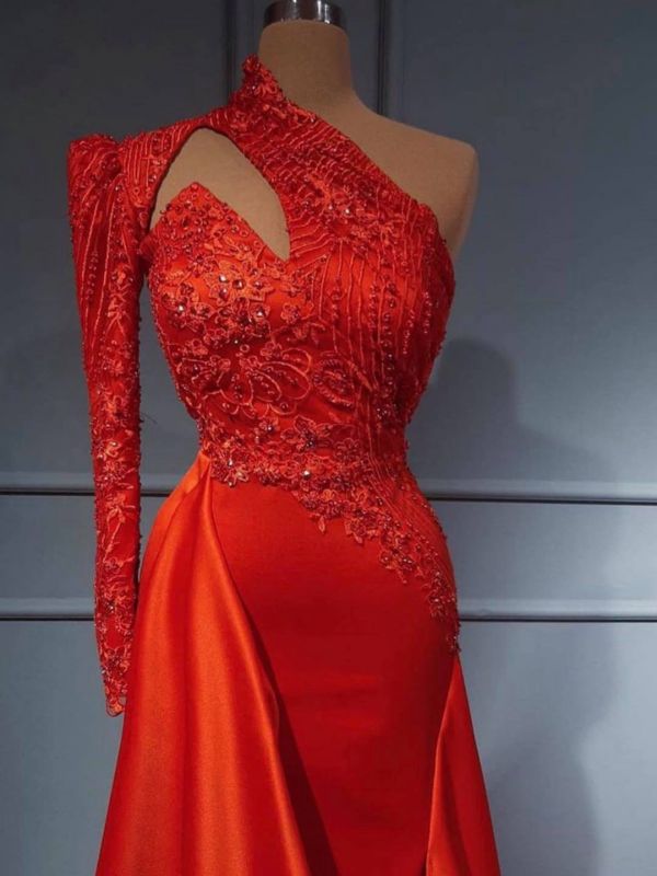 Red One Shoulder Long Sleeves Mermaid Prom Dress Split Lace Evening Gowns,DS2752