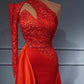 Red One Shoulder Long Sleeves Mermaid Prom Dress Split Lace Evening Gowns,DS3730