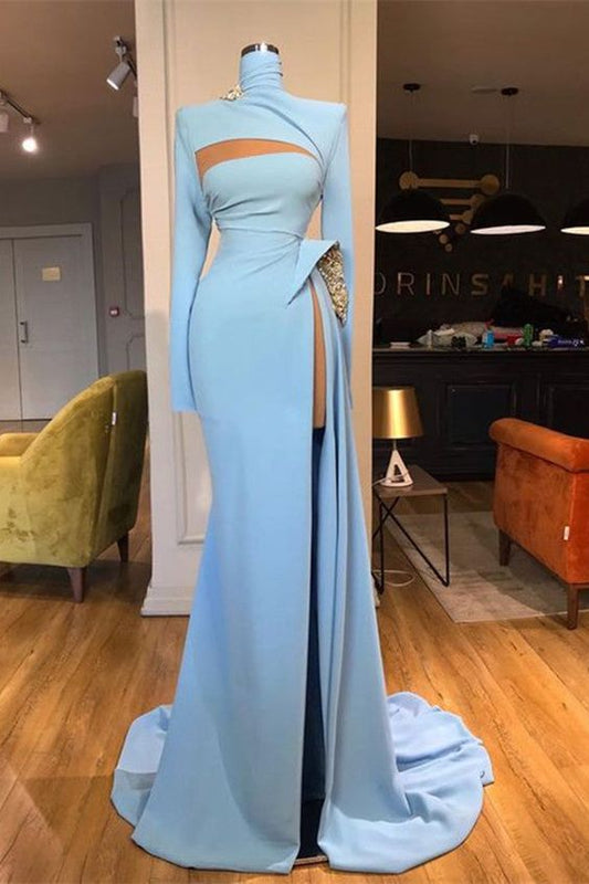 Long Sleeves High Neck Mermaid Prom Dress Long With Slit,DS9600