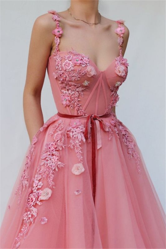 Pink A-line Spaghetti Tulle Flower Applique Prom Dresses,DS4436