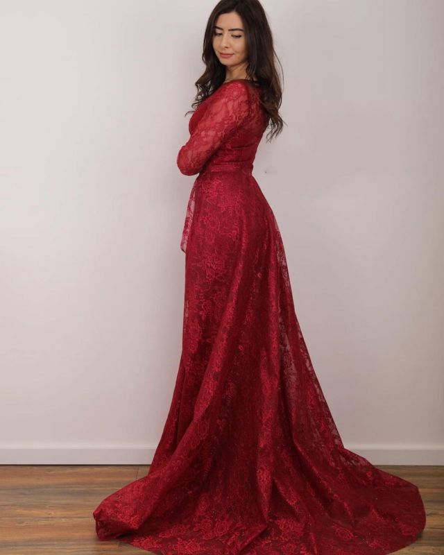 Gorgeous Long Sleeves Jewel Ruby Appliques Mermaid Prom Dresses,DS2769