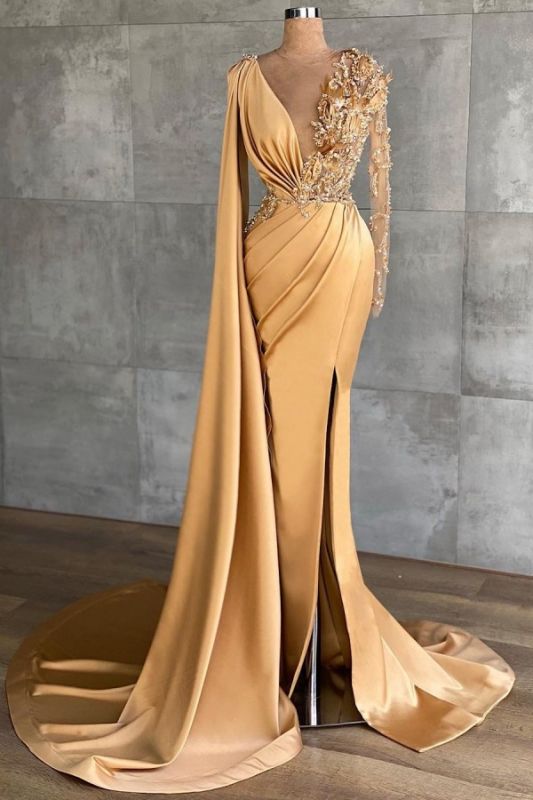 Luxury Long Sleeves Rose Gold Appliques Ruffles Split Mermaid Evening DSProm Luxury Long Sleeves Rose Gold Appliques Ruffles Split Mermaid Evening DSProm