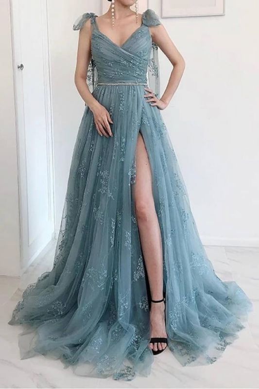 Gorgeous Tulle Sleeveless Dusty Blue Sweetheart High Split Prom Dresses,DS2783