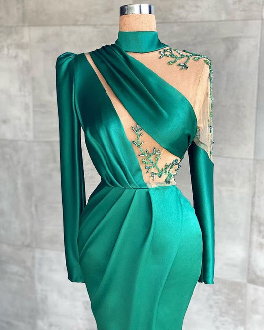 Vintage Long Sleeves Jade Appliques Ruffles Mermaid Evening Dresses,DS2778