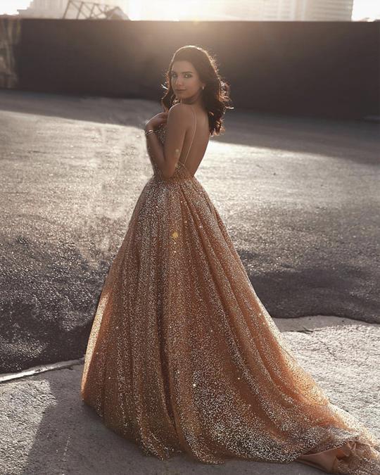 Sweetheart Neck Spaghetti Straps Gold Sequins Prom Dresses, Golden Formal Dresses, Graduation Dresses,DS1801