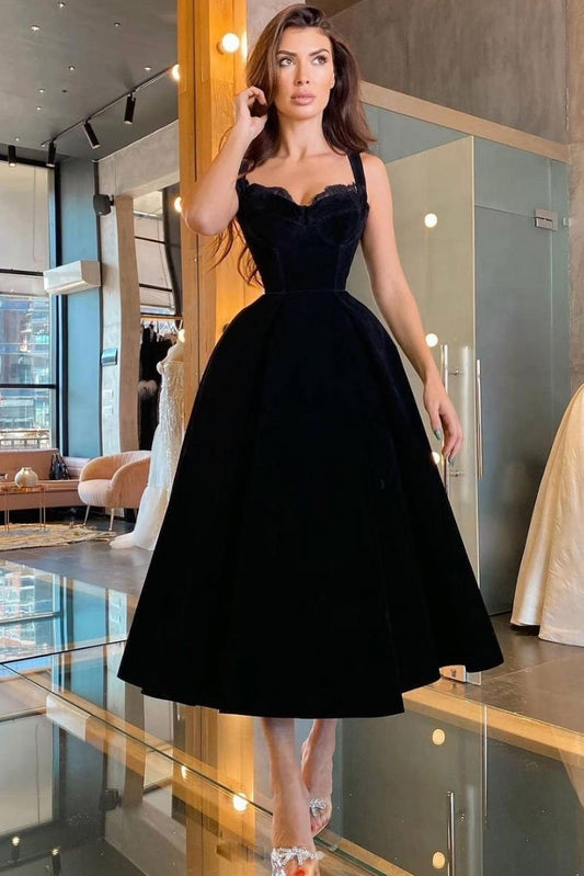 Black sweetheart velvet prom dress tea length black evening dress,DS2093