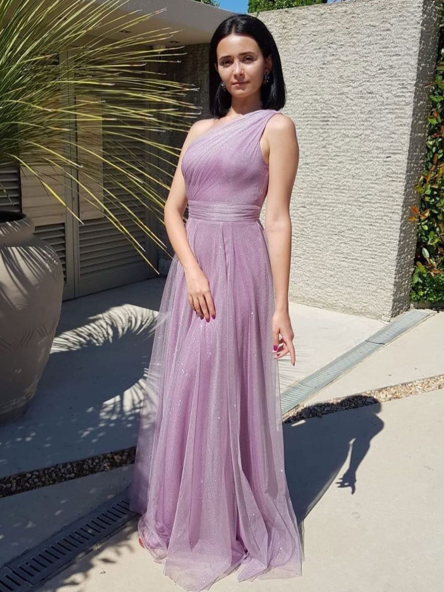 Simple purple tulle one shoulder long prom dress, purple evening dress,DS1955