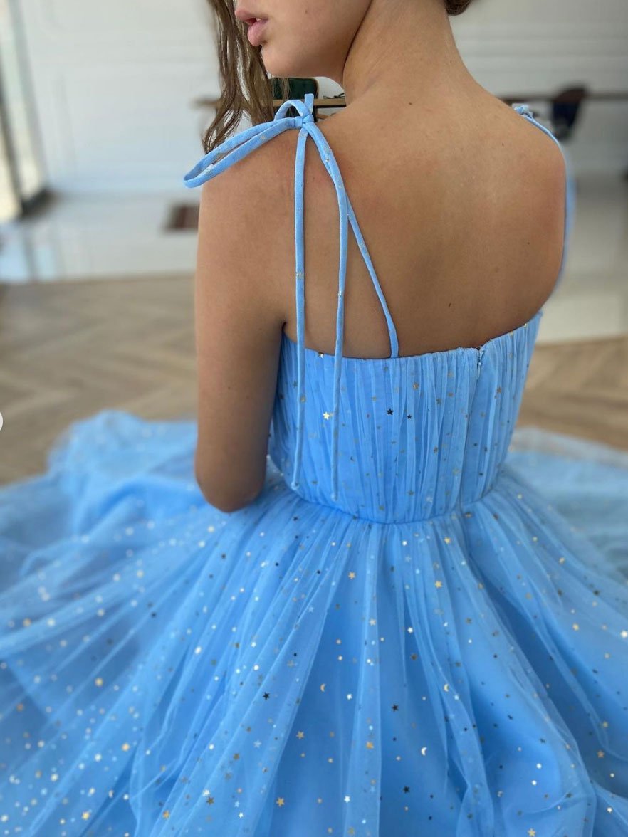 Blue tulle tea length prom dress, blue tulle formal dress,DS1972