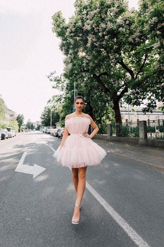 Pink tulle short prom dress short pink homecoming dress,DS2168