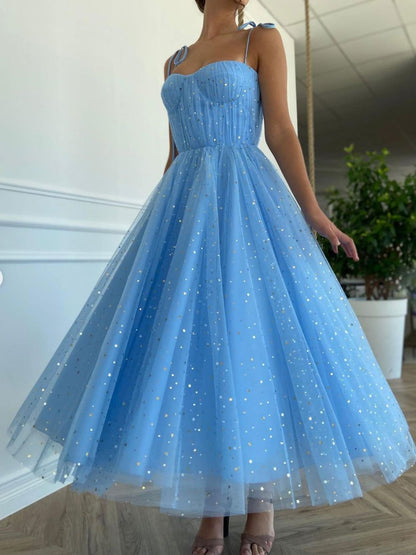 Blue tulle tea length prom dress, blue tulle formal dress,DS1972