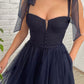 Dark blue tulle short prom dress, blue tulle bridesmaid dress ,DS4012