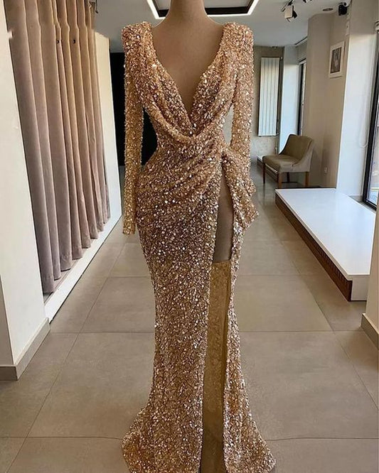 Sparkly Prom Dresses, Deep V Neck Prom Dresses, Long Sleeve Prom Dresses, Arabic Prom Dresses, Side Slit Prom Dresses,DS4736