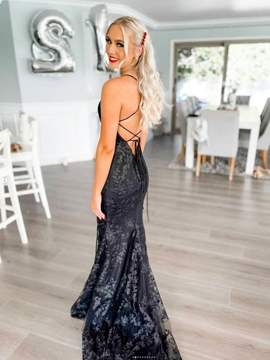 BLACK LACE MERMAID LONG PROM DRESS, BLACK LACE EVENING DRESS,DS3399