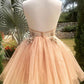 Champagne high neck tulle lace short prom dress tulle formal dress,DS2124