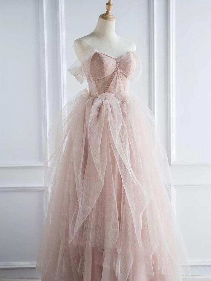 Pink sweetheart tulle long prom dress, pink tulle formal dress,DS1951