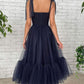 Dark blue tulle short prom dress, blue tulle bridesmaid dress ,DS4012