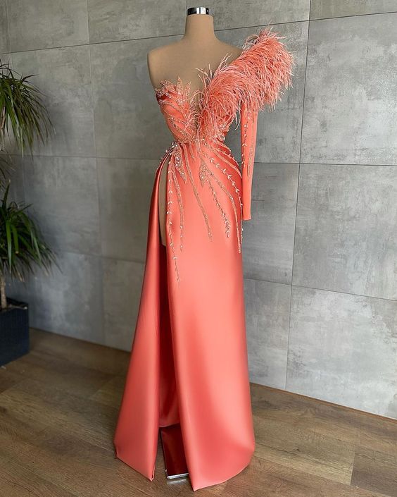 One Shoulder Prom Dresses, Robe De Soiree De Femme, Beaded Prom Dresses, Feather Prom Dresses, Custom Make Evening Dresses, Formal Party Dresses,DS5126