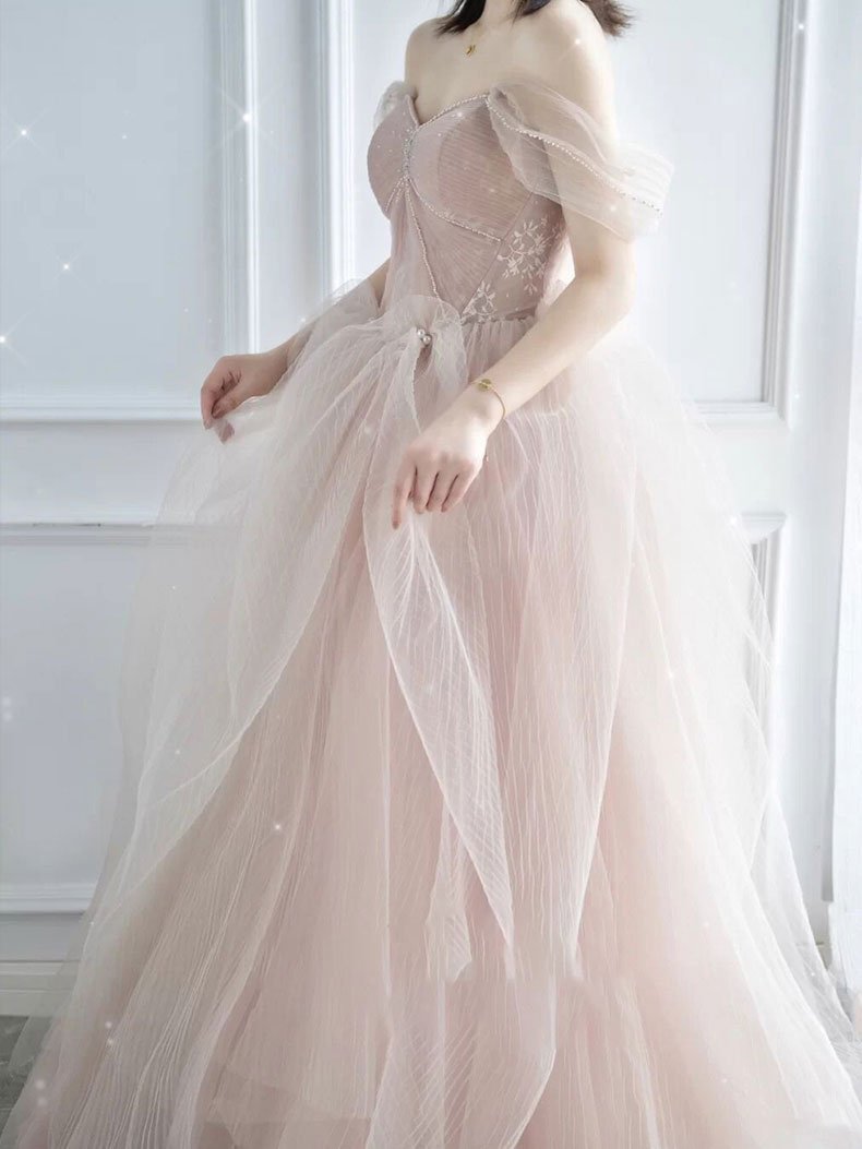 Pink sweetheart tulle long prom dress, pink tulle formal dress,DS1951