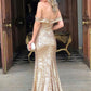 OFF THE SHOULDER GOLD SEXY SIDE SLIT SEQUINS LONG OPEN BACK PROM DRESS,DS2973