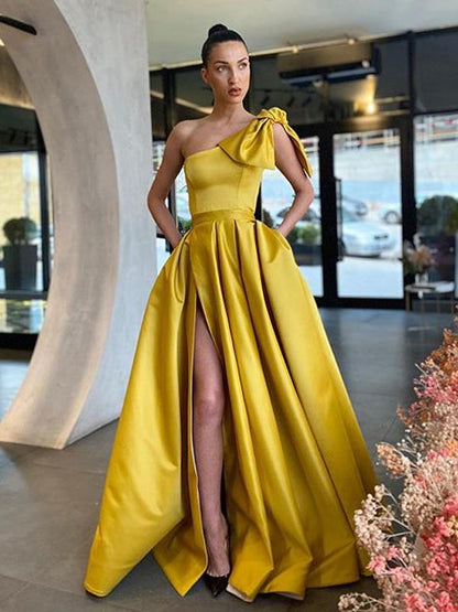 Charming One-Shoulder A-Line Satin Side Slit Long Prom Dresses Evening Dresses,DS2739