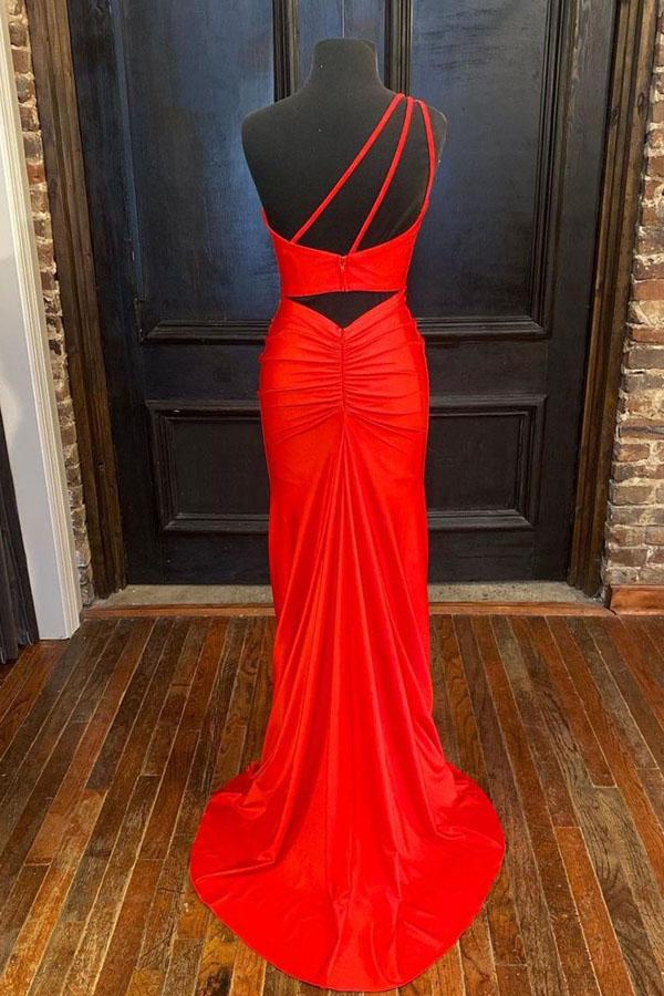 One Shoulder Satin Long Prom Dress With Slit,DS3269