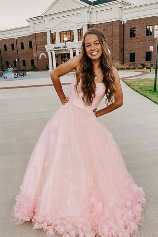 Pink tulle applique long prom dress pink tulle formal dress,DS2007