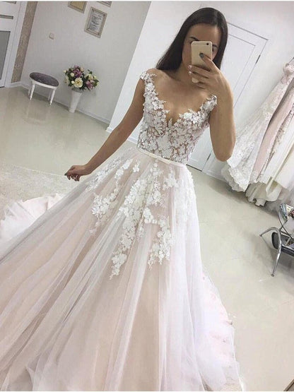 Round Neck Cap Sleeves Lace Wedding Dresses, See Through White Lace Prom Dresses, Evening Formal Dresses,DS1815