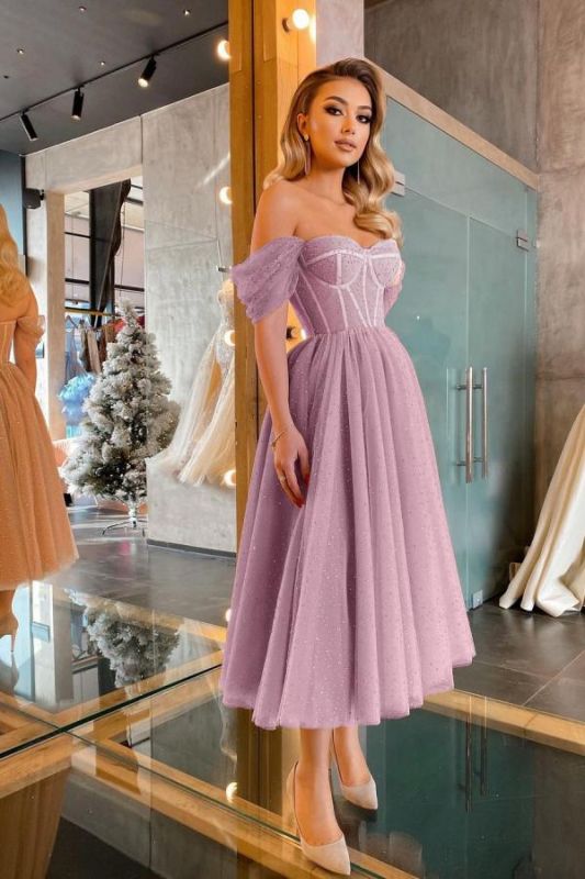 Elegant Off-the-Shoulder Sequins Tulle Short Prom Dress,DS2790