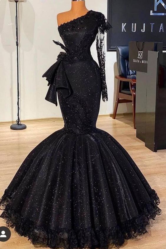 Long Sleeves Black Mermaid Prom Dress Sequins,DS5026