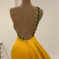 One Shoulder Yellow Slit Prom Dress Long With Beads,DS2785