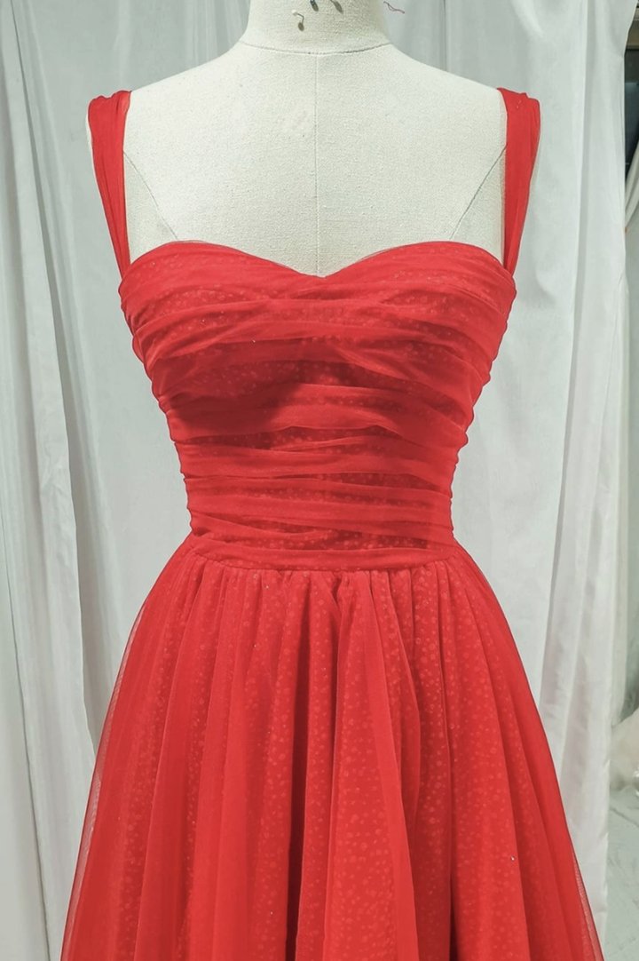 Red tulle long A line prom dress evening dress,DS3207