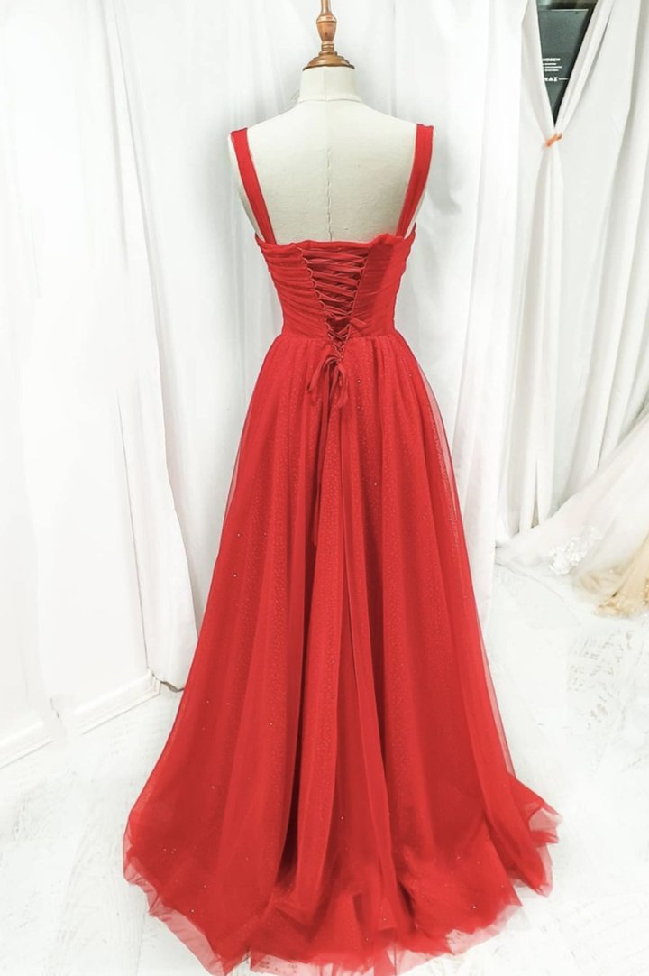 Red tulle long A line prom dress evening dress,DS3207