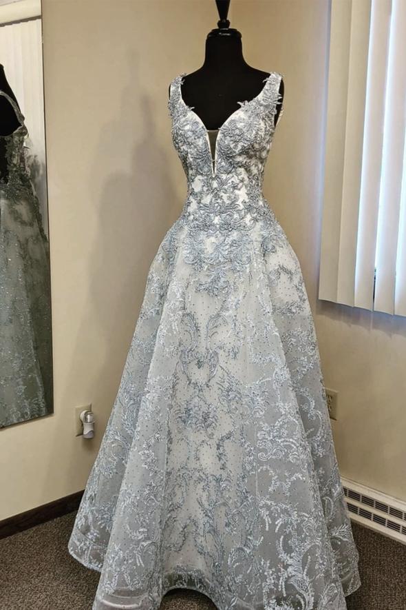 Grey lace long A line prom dress evening dress,DS3206