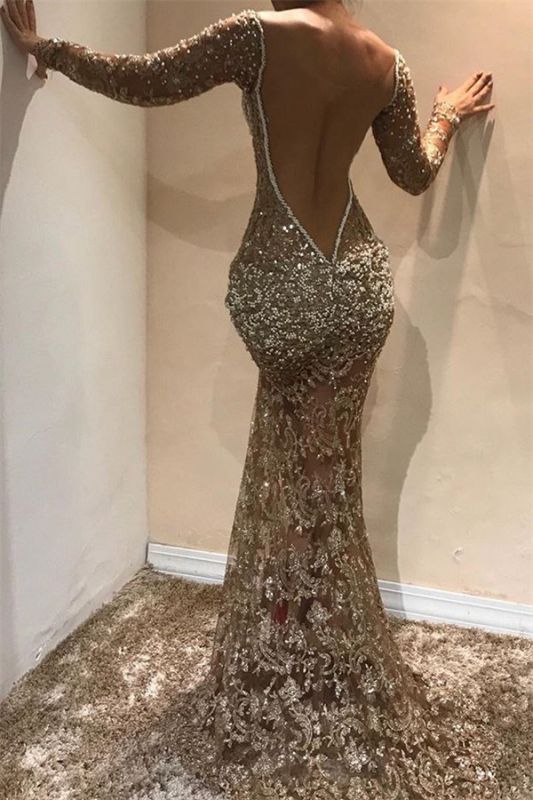 Glamorous Mermaid Long Sleeves Open Back Sequins Long Prom Dress,DS5025