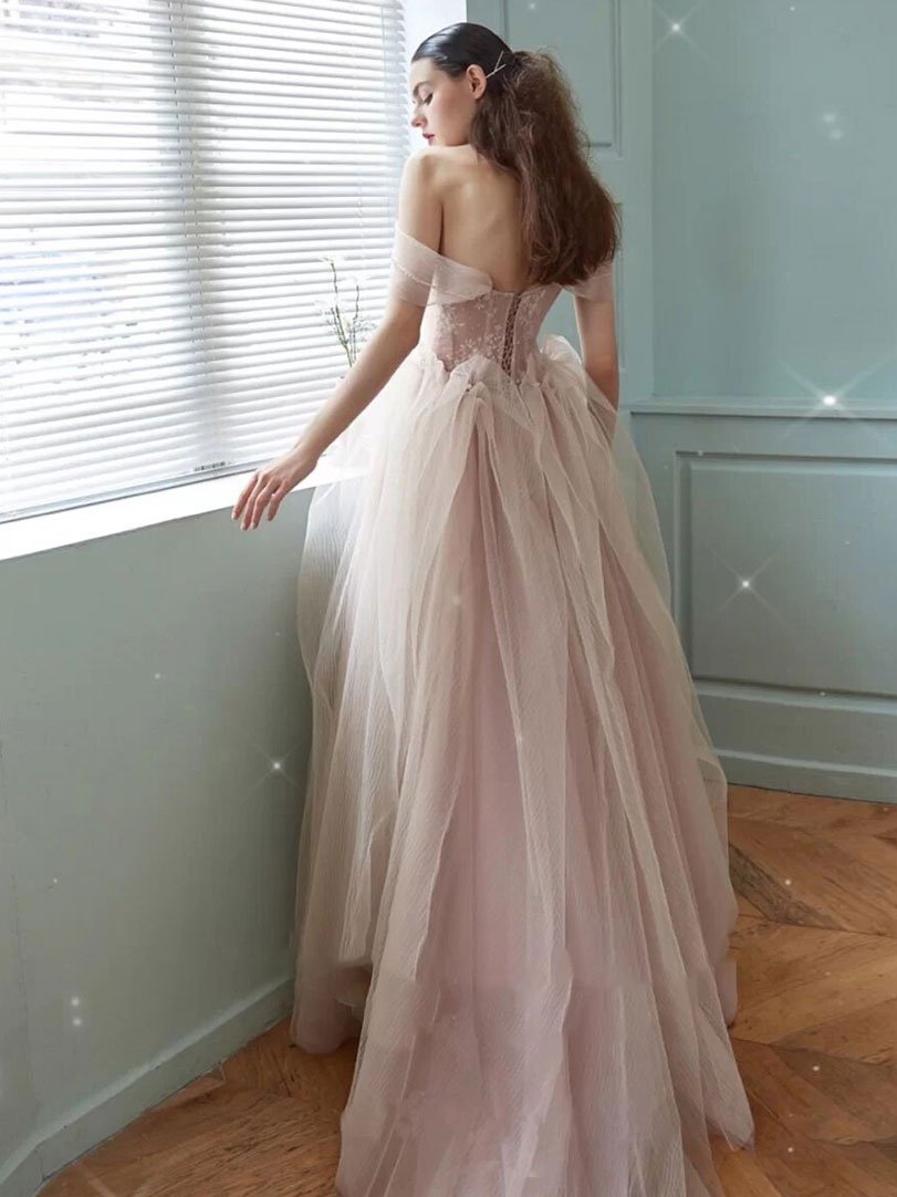 Pink sweetheart tulle long prom dress, pink tulle formal dress,DS1951