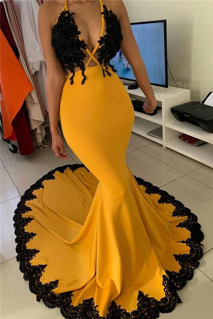 New Arrival Yellow With Black Appliques Prom Dresses South African Girls Junior Graduation Party Gowns Mermaid Deep V Neck Evening Gown ,DS5109