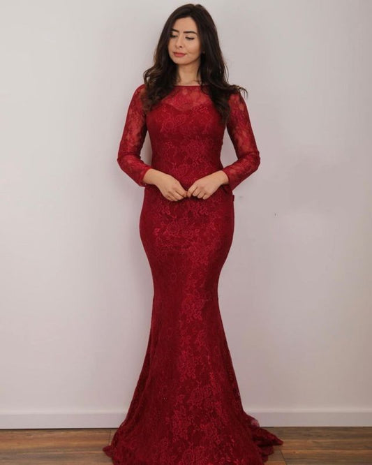 Gorgeous Long Sleeves Jewel Ruby Appliques Mermaid Prom Dresses,DS3733