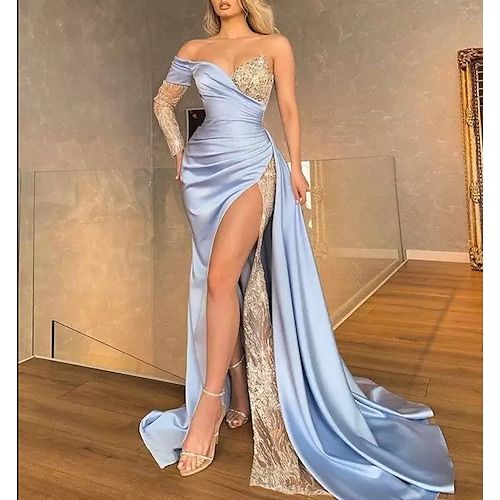 Mermaid / Trumpet Evening Dresses See Through Dress Formal Evening Sweep / Brush Train Long Sleeve Halter Neck Charmeuse with Sequin Slit 2022,DS4753