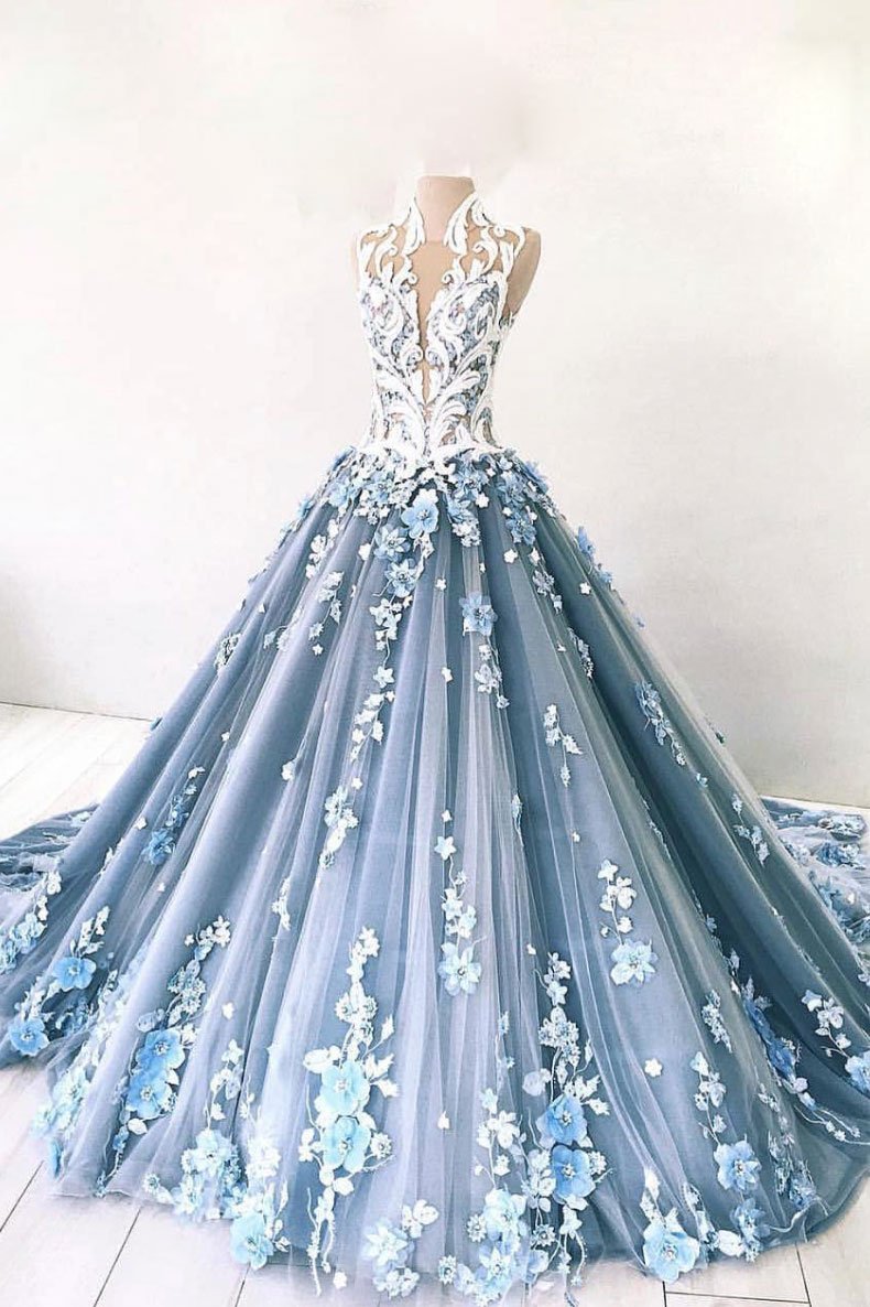 Unique high neck tulle lace long prom dress blue tulle lace evening dress,DS2380