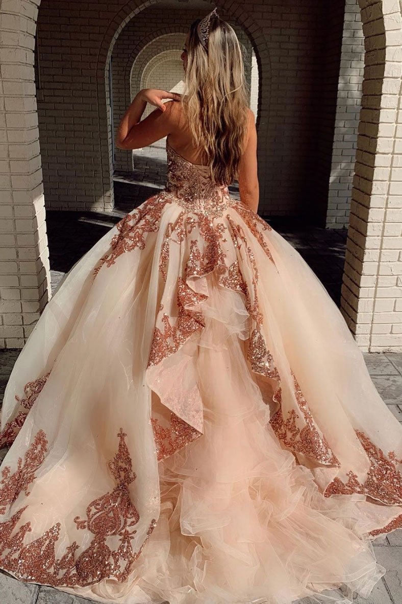 Champagne sweetheart tulle sequin long prom gown evening dress,DS2379