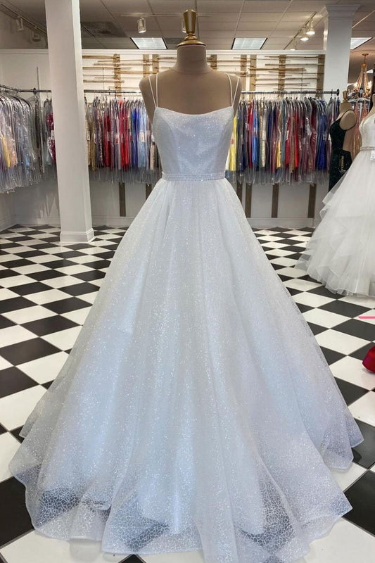 White tulle sequin long prom dress white tulle evening dress,DS2076