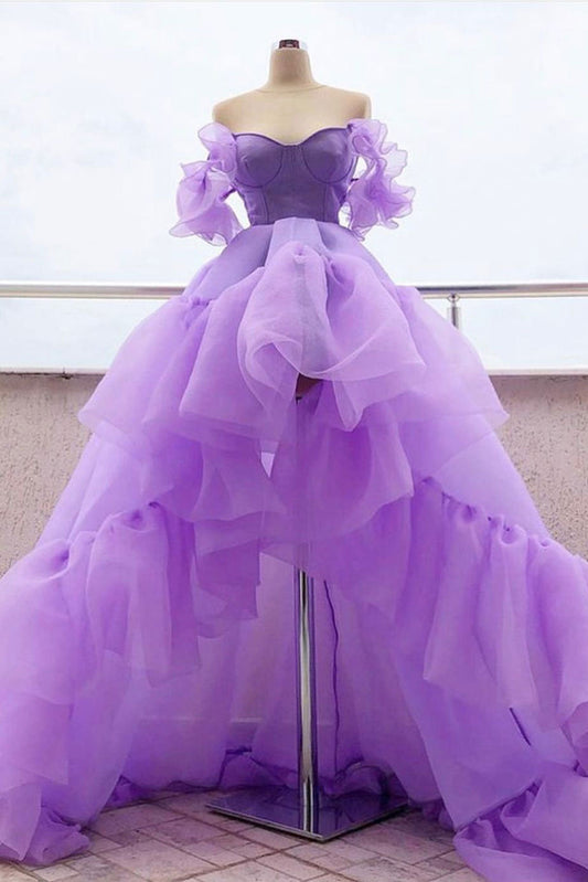 PURPLE TULLE HIGH LOW PROM DRESS, PURPLE EVENING DRESS,F04739