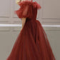 Burgundy off shoulder tulle long prom dress, burgundy evening dress,DS4545
