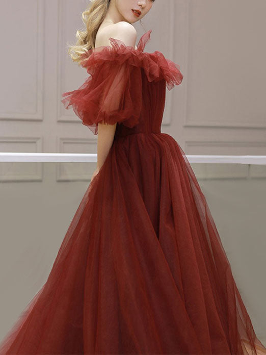 Burgundy off shoulder tulle long prom dress, burgundy evening dress,DS4545