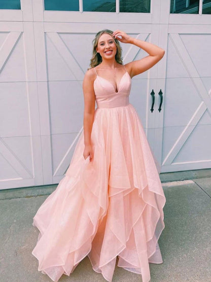 Simple v neck tulle long prom dress pink tulle formal dress,DS1999