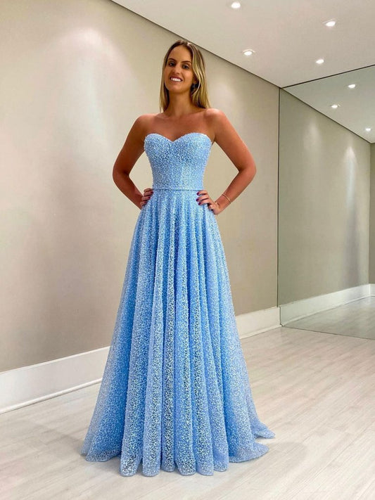 BLUE SWEETHEART NECK TULLE BEADS LONG PROM DRESS,DS3391