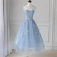 Blue round neck tulle lace short prom dress, blue homecoming dress,DS1978